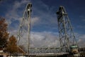 Steel vertical lifting bridge named Hefbrug Waddinxveen over river Gouwe between Alphen and Gouda in the Netherlands Royalty Free Stock Photo