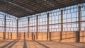 Steel wall framework structure with metal columns and curve roof inside of large factory building in construction site area Royalty Free Stock Photo