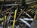Steel wasted and Iron scrap in junk yard,rust and damaged metal parts pilled together Royalty Free Stock Photo