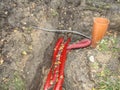 Steel wire in protective lplastipipe under ground.  Construction Area Royalty Free Stock Photo