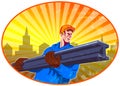 Steel Worker Carry I-Beam Retro Oval Royalty Free Stock Photo