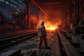 A steelmaker in a helmet at a metallurgical furnace watches hot steel pour out of it. Far plan. Generative AI