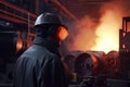 A steelmaker in a helmet at a metallurgical furnace watches hot steel pour out of it. Generative AI