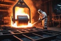 Steelmaker wearing protective clothe at ingot casting. Electric arc furnace shop. Metallurgy. steelmaker pours pig iron Royalty Free Stock Photo