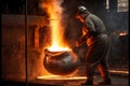 Steelmaker stirs molten steel in cast iron vat on foundry industry