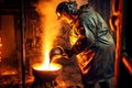 Steelmaker stirs molten steel in cast iron vat on foundry industry