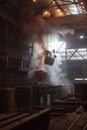 Steelmaking ladles on crane hanging on steel mill