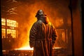 steelworker in robe stands near smelting furnace in foundry industry factory