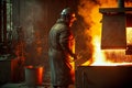 Steelworker in robe stands near smelting furnace in foundry industry factory