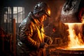 Steelworker in robe stands near smelting furnace in foundry industry factory