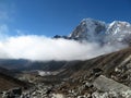 Steep ascent to Thukla Pass, with Thukla village located in valley in the background on the left, Everest Base Camp trek, Nepal Royalty Free Stock Photo