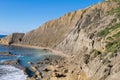 Steep blue clay slopes, with flaking debris forming scree on limestone along coast of Gozo, Malta