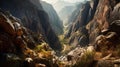 Steep canyon with jagged rocky cliffs rising on both sides of the narrow winding river. AI generated