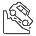 Steep descent line icon. Auto coming from incline mountain downwards symbol, outline style pictogram on white background