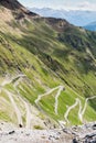 Steep descent of mountain road Stelvio pass, in Italian Alps, Stelvio Natural Park