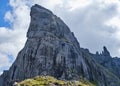 Steep face wall at the start of via ferrata Delle Trincee meaning Way of the trenches, Padon Ridge, Dolomites mountains, Italy. Royalty Free Stock Photo