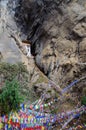 Steep flight of stairs leading to Snow Lion Meditation Cave, at entrance of Paro Taktsang Tiger Nest`s Monastery, Bhutan Royalty Free Stock Photo