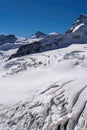 Steep mountain slope with cracks and crevasses in the glacial ice at Jungfraujoch - vertical