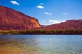 Steep river banks of red sandstone Royalty Free Stock Photo