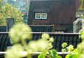 3 old tiled roofs with telephoto lens and house roof with dormer in the background