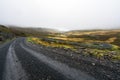 Steep and squiggly gravel road towards the fjords of Mjoifjordur