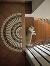 A steep staircase with a beautiful mosaic and a cat lying placidly on the fist step Royalty Free Stock Photo