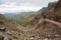 Steep winding mountain road of Sani Pass between South Africa and the Kingdom of Lesotho