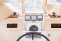 Captain s bridge of the sea boat with steering wheel. Royalty Free Stock Photo