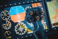 Steering wheel, aircraft, pilot`s control cabin, dashboards.