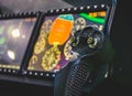 Steering wheel, aircraft, pilot`s control cabin, dashboards. Royalty Free Stock Photo