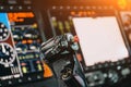 Steering wheel, aircraft, pilot`s control cabin, dashboards. Royalty Free Stock Photo