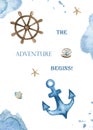 Steering wheel, anchor, starfish, seashells watercolor card