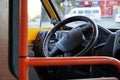 ZAPOROZHYE, UKRAINE - SEPTEMBER 25, 2020: steering wheel in the cab of the city bus driver Royalty Free Stock Photo