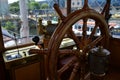 Old steamboat bridge, steering wheel and commanding gear