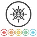 Steering wheel and compass rose navigation symbol. Set icons in color circle buttons Royalty Free Stock Photo