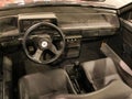 Steering wheel and dashboard with front seats of prototype car LADA Bohemia Cabrio, based on LADA Samara