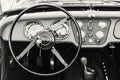 Steering Wheel And Dashboard In Historic Vintage Car, Black And