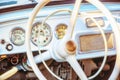 Steering wheel and dashboard in historic car