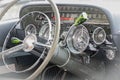 steering wheel, dashboard and insturment panel of an old time classic car