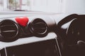 Steering wheel with heart red object.Love car concept idea.interior console car Royalty Free Stock Photo