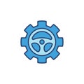 Steering Wheel inside Cogwheel blue icon - vector sign