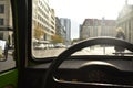 Steering wheel inside of Trabant 601 green vintage car street view in Berlin Germany