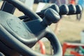 Steering wheel and operating control panels or levers in forklift or other machine Royalty Free Stock Photo