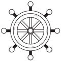 Steering wheel of the ship. The control element of the ship is the rudder. Vector drawing. Line, outline