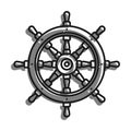 Steering wheel ship icon, fishing boat. Yacht management at sea. Simple black and white vector Royalty Free Stock Photo