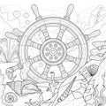 Steering wheel of the ship on the seabed.Coloring book antistress for children and adults.