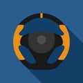 Steering wheel sport car icon isolated on yellow background. Car wheel control silhouette, Black auto part driving in