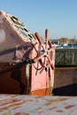 Steering wheel and vintage navigation devices old boat. Royalty Free Stock Photo