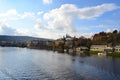Stefanik`s Bridge View of Straka Academy at Vltava River in Prague, Czech Republic