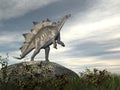 Stegosaurus dinosaur on a rock - 3D render Royalty Free Stock Photo